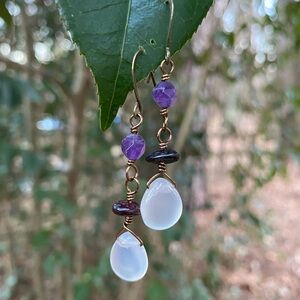 Chalcedony, Garnet and Amethyst Dangle Earrings
